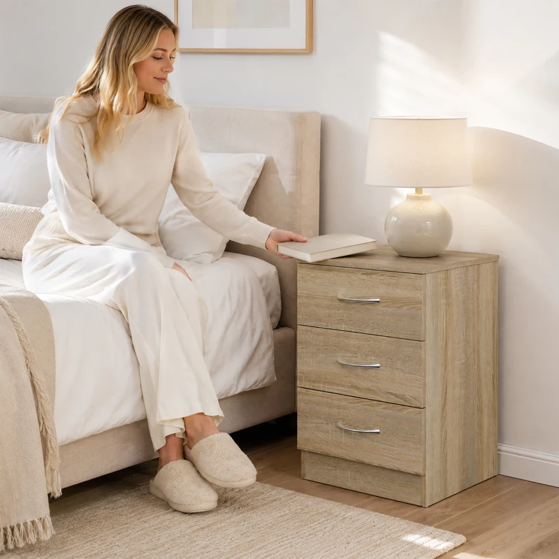 HOMCOM Three-Drawer Simple Bedside Table - Oak