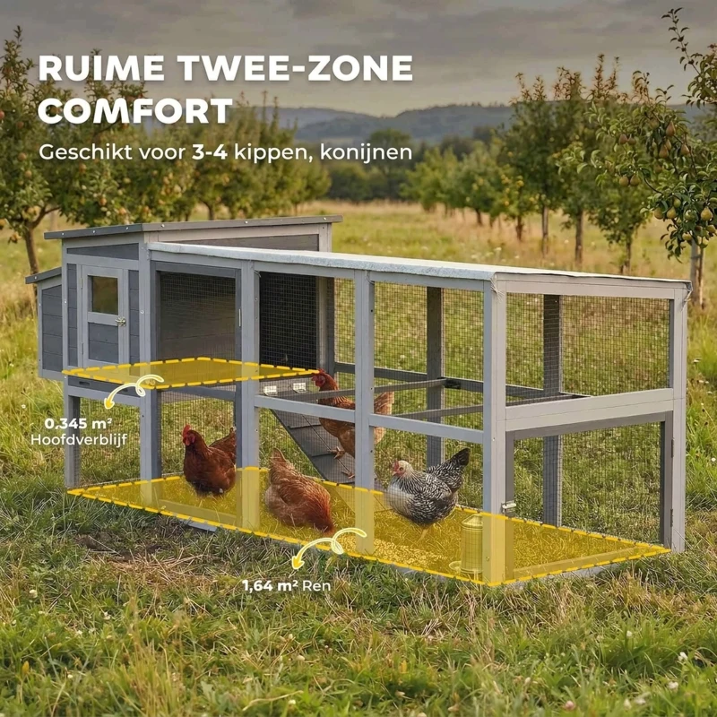PawHut Kippenhok kippenverblijf voor 3-4 kippen met ren nestkast asfaltdak Oxford-afdekking uittrekbare lade 264x82x89cm grijs