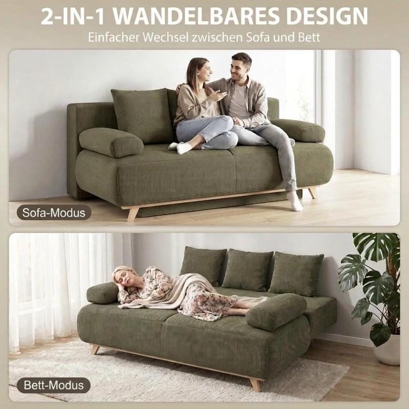 HOMCOM Slaapbank met verstelbare rugleuning, bedfunctie, verborgen opbergruimte en cordbekleding, donkergroen