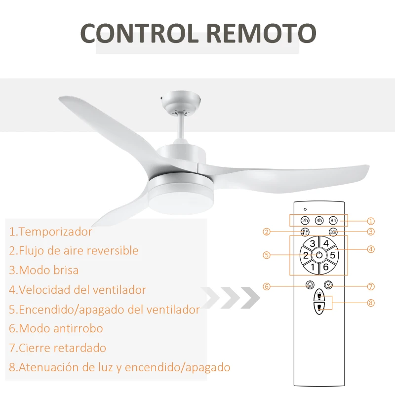 HOMCOM Ventilador de Techo 20,5W con Mando a Distancia Luz LED y 3 Aspas Reversibles 6 Velocidades Ø132x40 cm Blanco