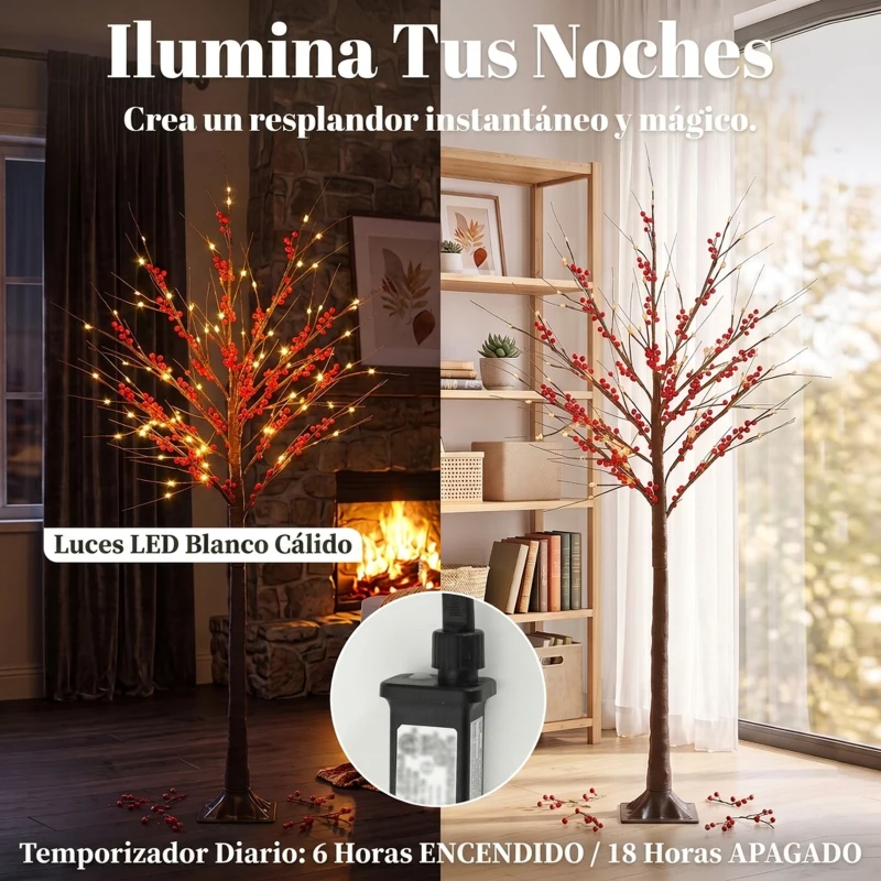 HOMCOM Árbol de Abedul Artificial 150 cm con 96 Luces LED Blanco Cálido Bayas Rojas Temporizador y 12 Ramas Flexibles Marrón