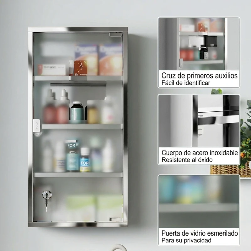 HOMCOM Armario de Medicinas Botiquín Gabinete de Primero Auxilios Acero Inox 4 Estantes Caja Colgante de Pared con Cerradura