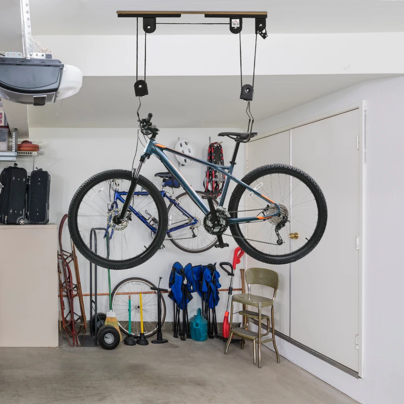 HOMCOM 2 Pares de Elevador para Bicicletas en el Techo Mediante Poleas Cuerdas Ganchos con Altura Ajustable Soporte para Bici al Techo Carga 20 kg Acero Negro