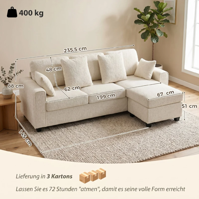 HOMCOM Ecksofa mit umkehrbarer Chaiselongue, 3-Sitzer Sofa mit Samtoptik, breite und tiefe Sitzfläche, Federkissen, Beige