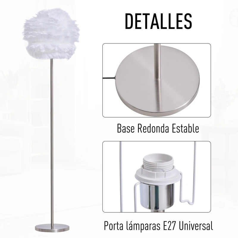HOMCOM Lámpara de Pie Pantalla de Pluma de Ganso con Interruptor de Pedal Diseño Novedoso Lámpara de Suelo para Bombilla Máx. 40 W 40x40x160 cm Blanco
