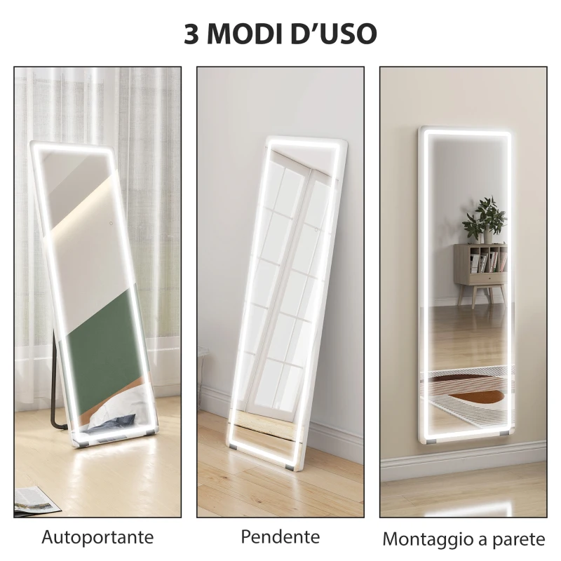 HOMCOM Specchio a Figura Intera con Luci, 150x50 cm LED con Illuminazione a 3 Colori, Libero in Piedi, Appoggiato o Montato a Parete Trasparente