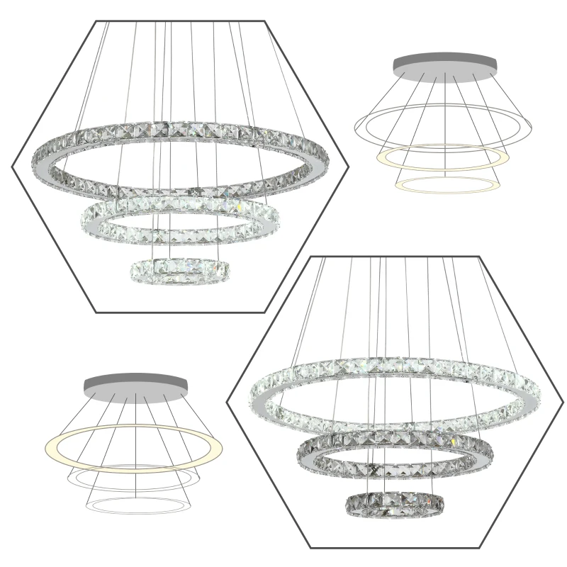 HOMCOM Lámpara de Araña de Cristal Moderna Lámpara Colgante LED 40W con 3 Anillos Ángulo Ajustable y Control Remoto 4000K Luz Blanco para Salón Comedor Ø60x110 cm