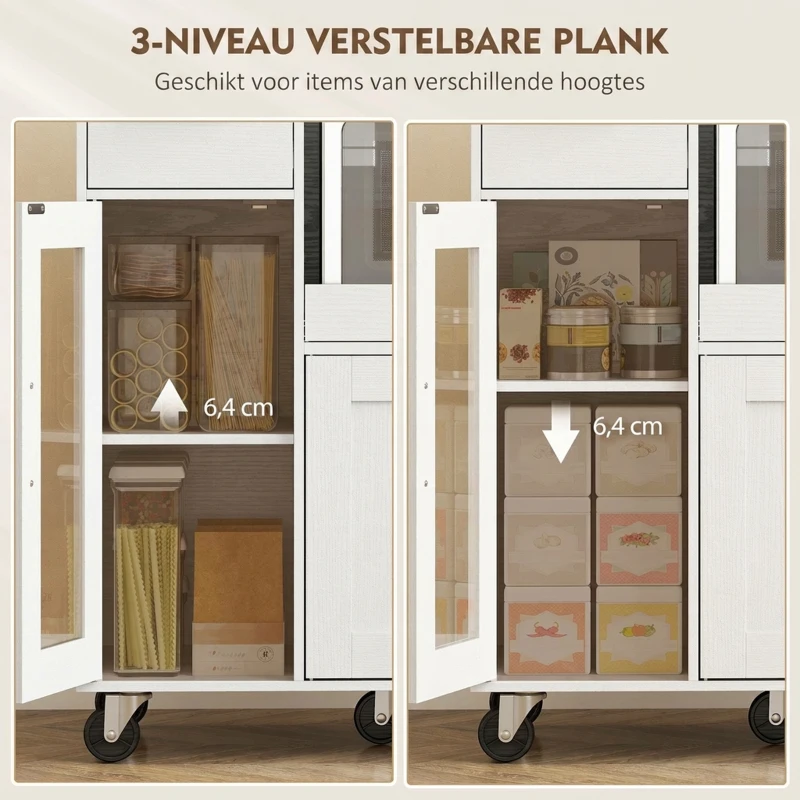 HOMCOM Keukenkast op wielen, mobiele keukencommode met planken, lades, verstelbare plank, kabelopening, wit(m-5)