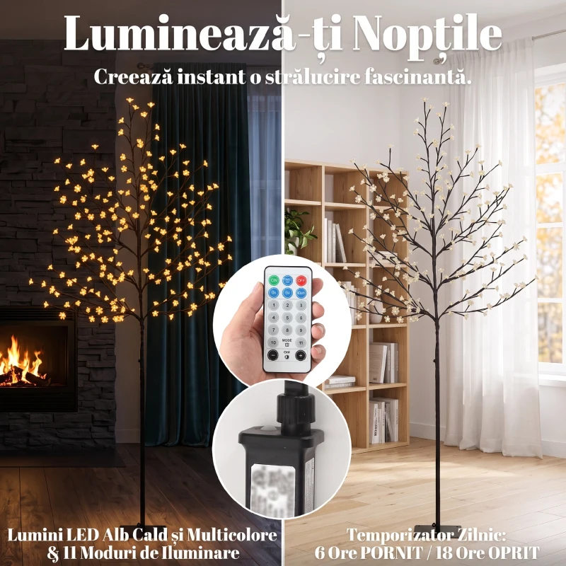 HOMCOM Copac de Crăciun tip cireș, 180 cm, cu LED-uri, 20 ramuri, timer zilnic, pentru interior și exterior acoperit, negru