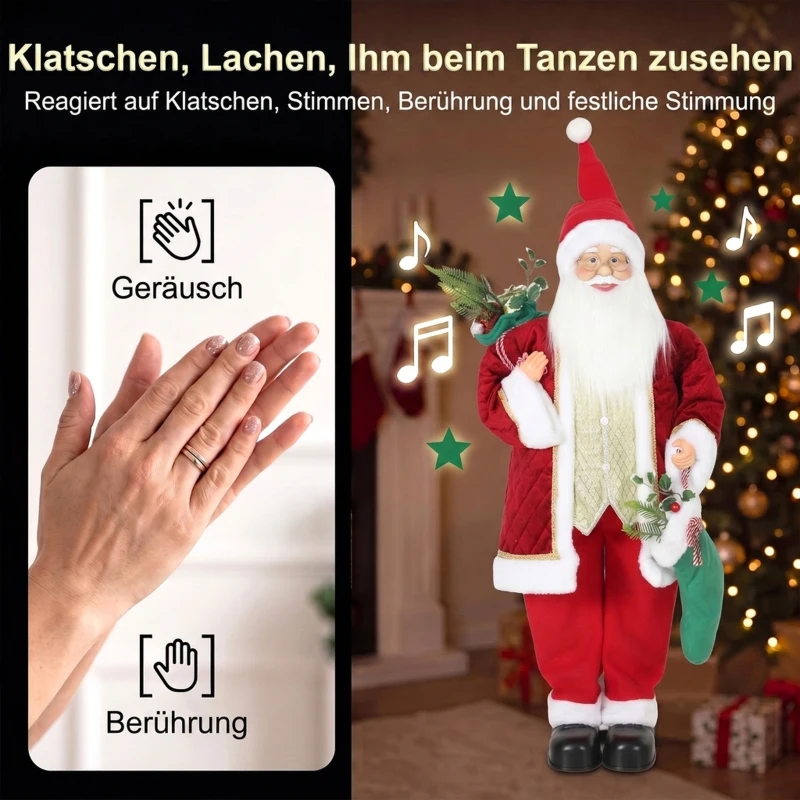 HOMCOM 120 cm zingende en dansende kerstman, staande geanimeerde kerstfiguur met kous en zak, geactiveerd via geluid/aanraking
