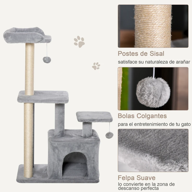 PawHut Árbol Rascador para Gatos Altura 114 cm con Postes de Sisal 3 Plataformas Casita y 2 Bolas Colgantes Gris Claro