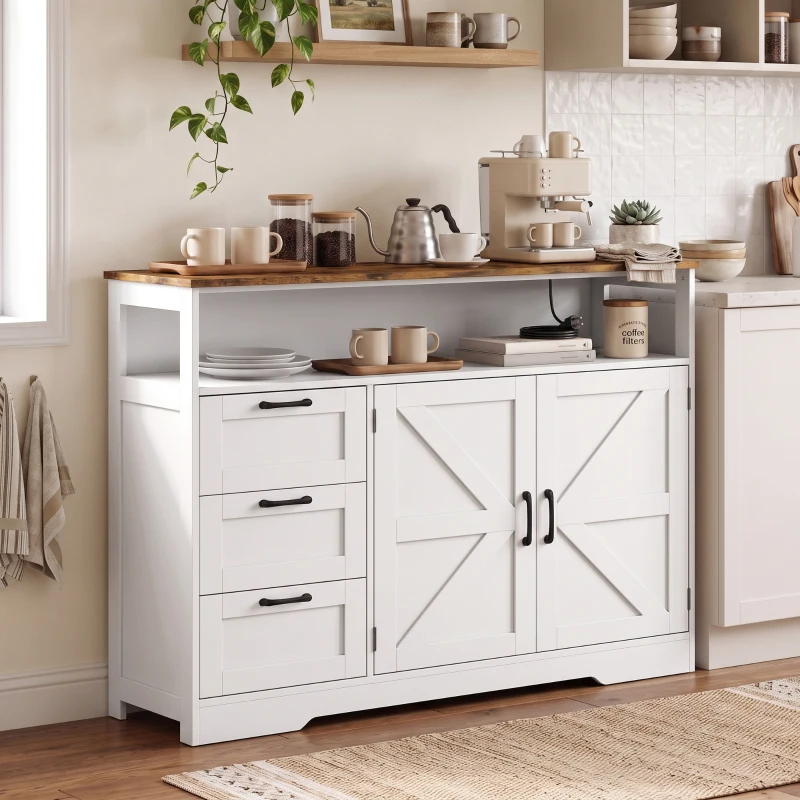 HOMCOM Sideboard Cabinet with Power Outlet, Farmhouse Kitchen Cabinet with 3 Drawers and Open Shelf, White