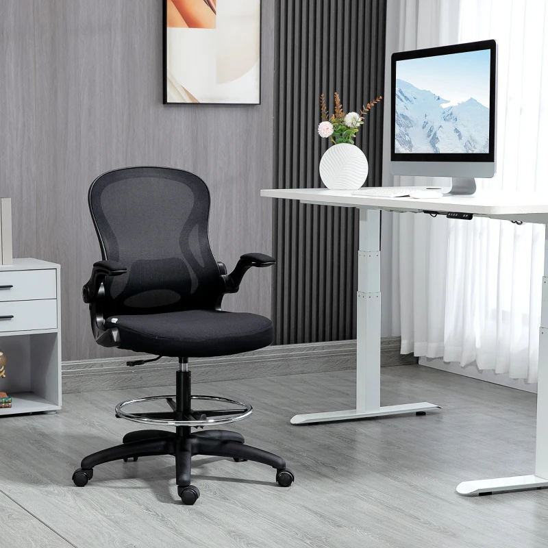 Vinsetto Sedia da Ufficio con Supporto Lombare, Altezza Regolabile e Braccioli Ribaltabili, 59x65x102-122 cm, Nero