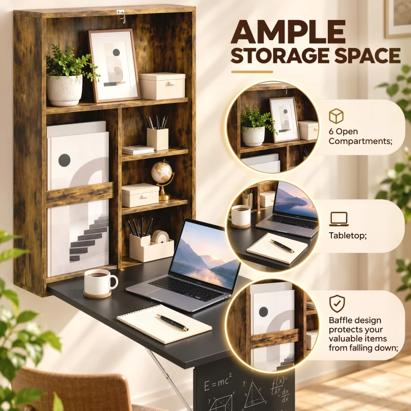 HOMCOM Folding Wall-Mounted Drop-Leaf Table, Convertible Wall Table With Chalkboard and Storage Shelf, Rustic Brown