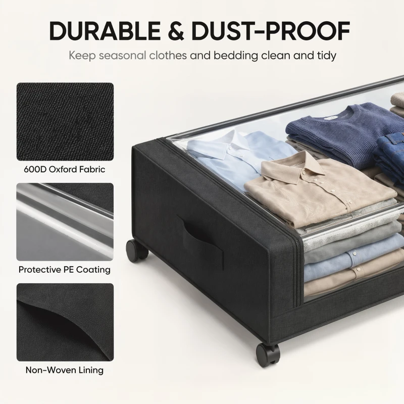HOMCOM 40L Under Bed Storage On Wheels Pack of 2, Fabric Rolling Under Bed Drawers with Clear Lid, Zip, Steel Frame, Black