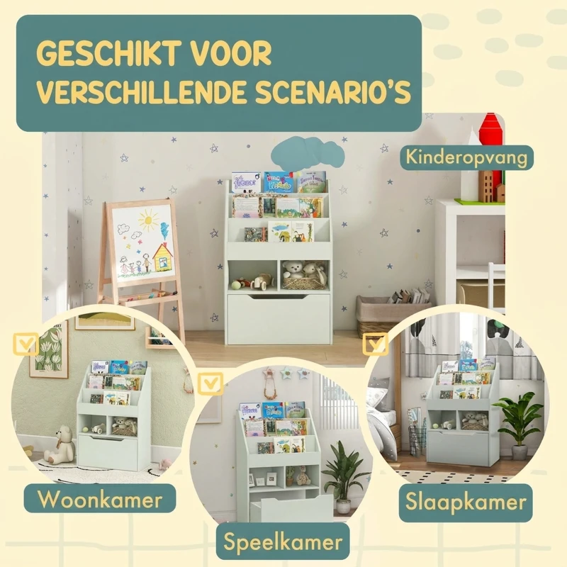 HOMCOM Kinderrek met Lade, Boekenrek met Vakken, 60 x 29,9 x 90 cm, Groen(m-7)