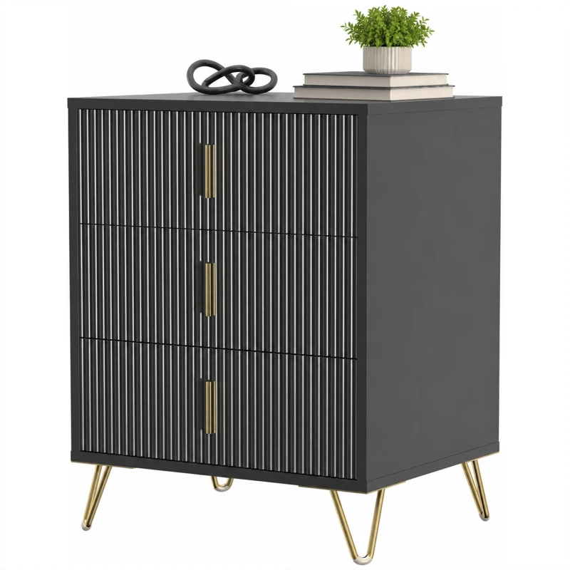 HOMCOM Modern 3-Drawer Dresser, Fluted Bedroom Dresser Chest of Drawers with Metal Legs and Steel Handles for Bedroom, Black