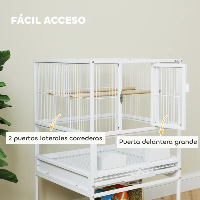PawHut Jaula para Pájaros con Paneles Acrílicos Comederos Soporte Ruedas y Estante Inferior 48x46x83 cm Blanco