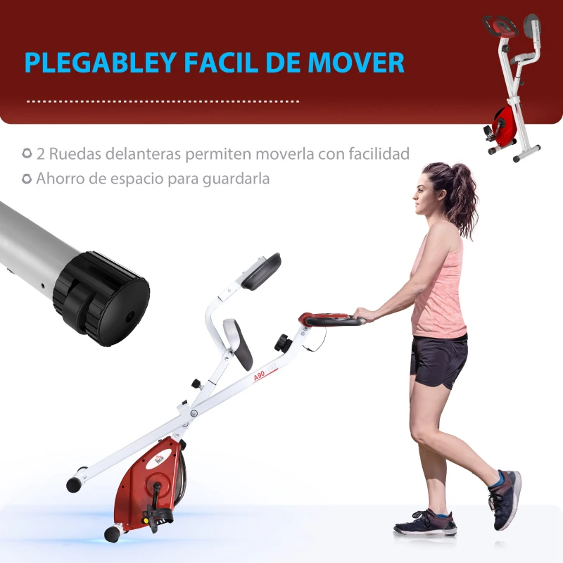 HOMCOM Bicicleta Estática Plegable con Resistencia Magnética Asiento con Altura Ajustable y Pulsómetro 43x97x109 cm Rojo