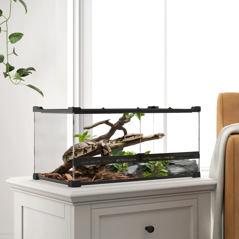PawHut Glazen Terrarium voor Reptielen, verhoogde & waterdichte bodem, knopslot(m-9)