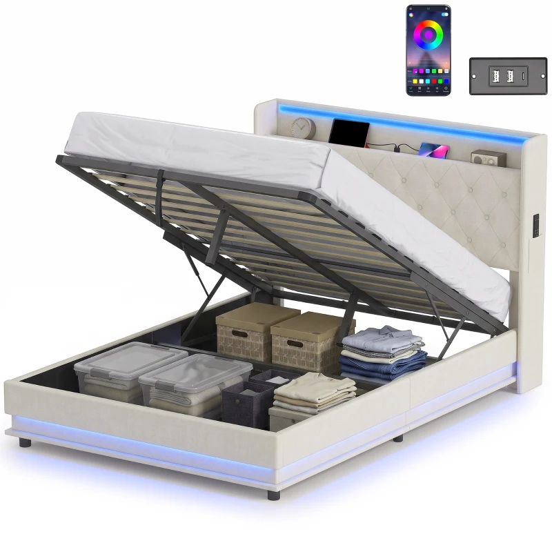 HOMCOM 4ft6 Double Bed Frame with Headboard, Platform Bed Frame with Hydraulic Storage, LED Lights and Charging Station, Cream