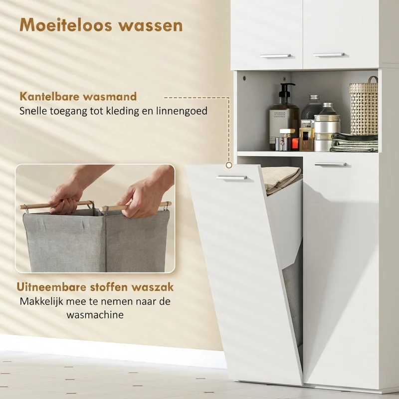 HOMCOM 174 cm hoge badkamerkast met uitklapbare wasmand en soft-close deuren, wit