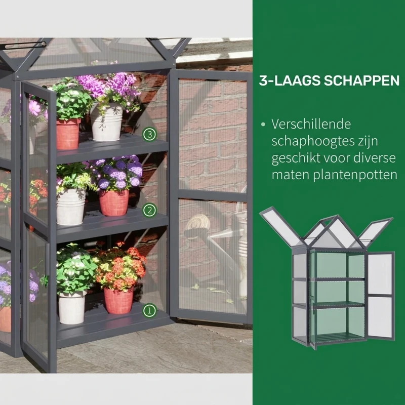 Outsunny kas met 3 planken, massief hout, behuizing van polycarbonaat, grijs, 70,5 x 42 x 132 cm(m-5)