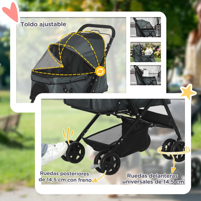 PawHut Carrito para Perros Plegable con Mango Reversible Ventana de Malla Cesta de Almacenamiento 76,5x52x95 cm Gris