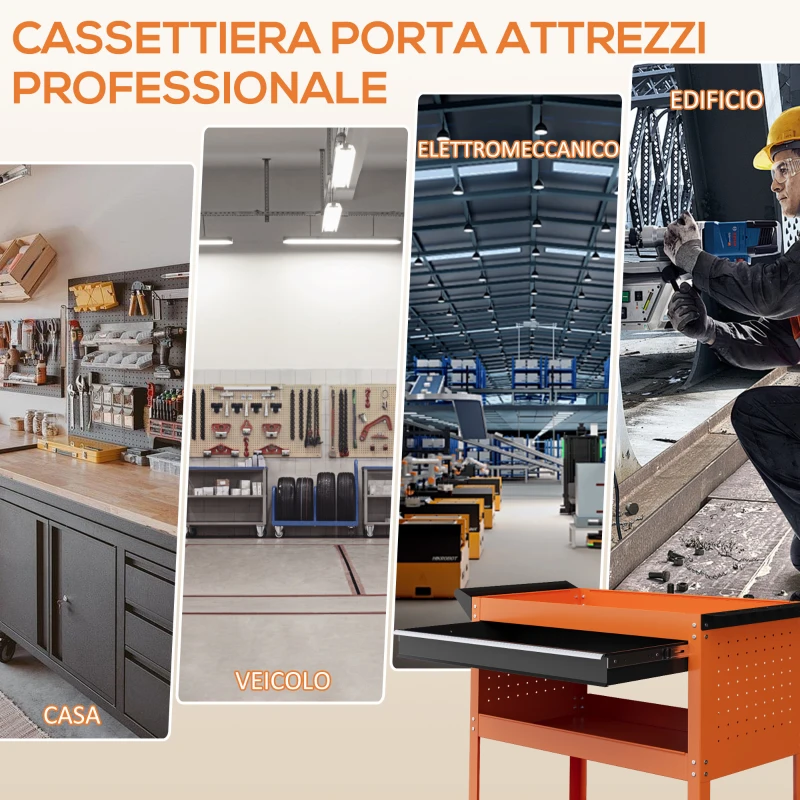 DURHAND Carrello Porta Attrezzi con Manico Laterale, Cassetto e 3 Ripiani in Acciaio, 82x35x76 cm, Arancione