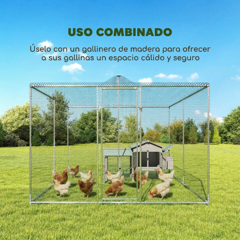 PawHut Gallinero para Exterior Grande 4x3x1,97 m 12 m² Gallinero de Acero Galvanizado con Puerta con Doble Cierre Plata