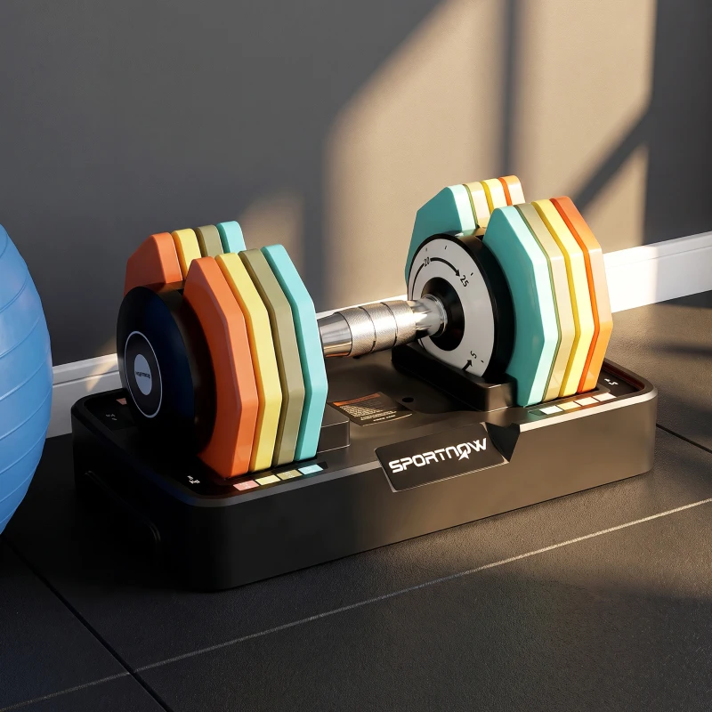 SPORTNOW Mancuerna Ajustable 5 en 1 de 5 a 25 kg con Base de Almacenamiento y Mango Antideslizante para Casa Gimnasio Multicolor