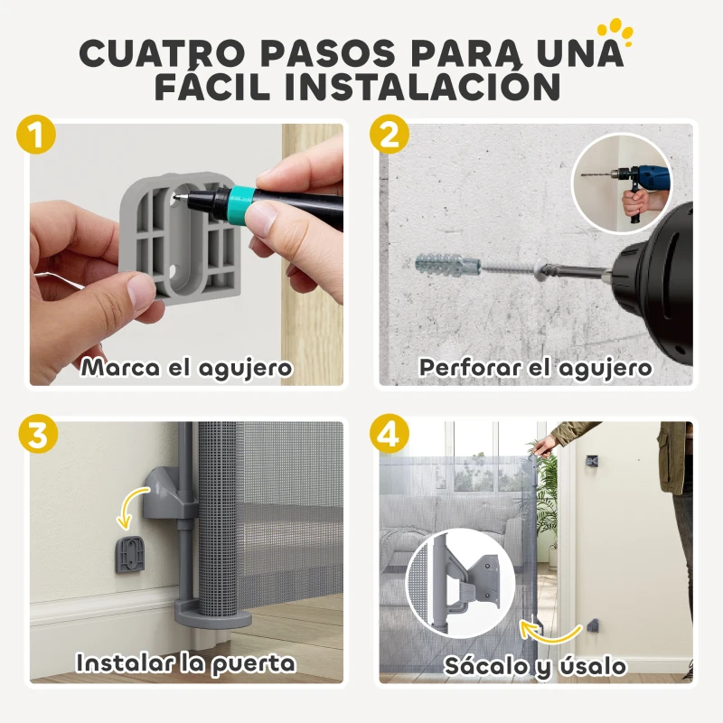 PawHut Barrera de Seguridad para Perros Retráctil Extensible hasta 180 cm de Ancho para Escaleras y Puertas Gris