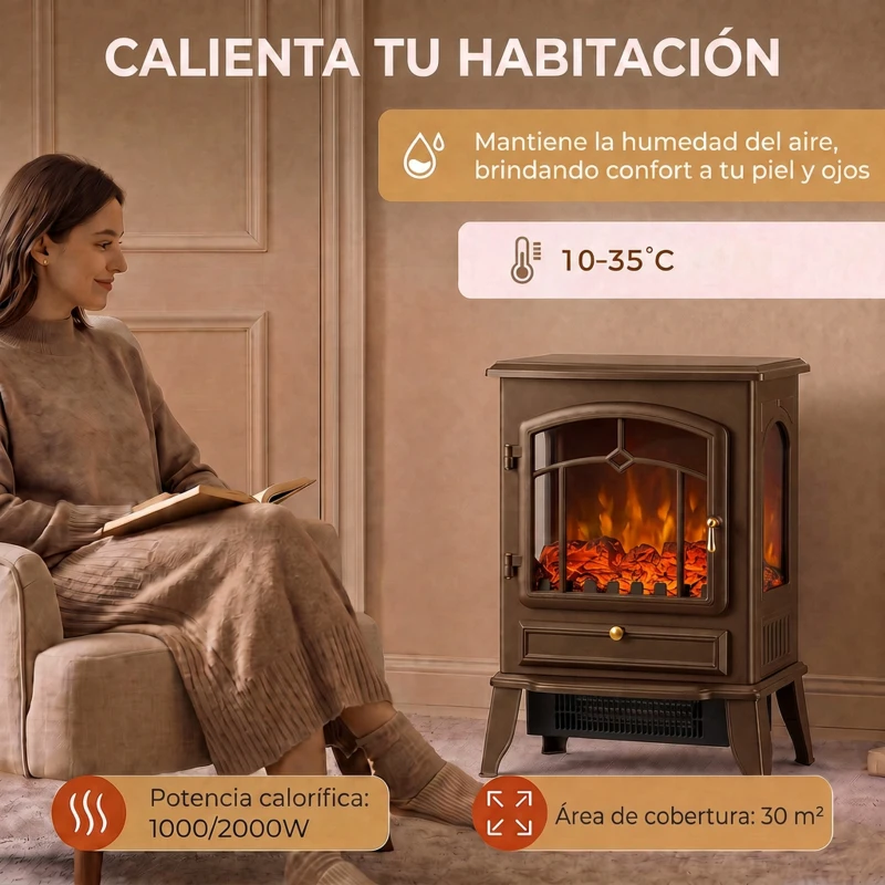 HOMCOM Chimenea Eléctrica 1000/2000 W con Efecto Llama 3 Vistas Termostato y Brillo Regulable Marrón