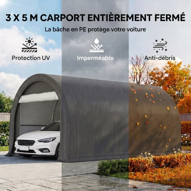 Outsunny Tente de garage résistant à l'eau protection UV UPF 30 + parois latéraux amovibles 5 x 3 m gris(m-4)