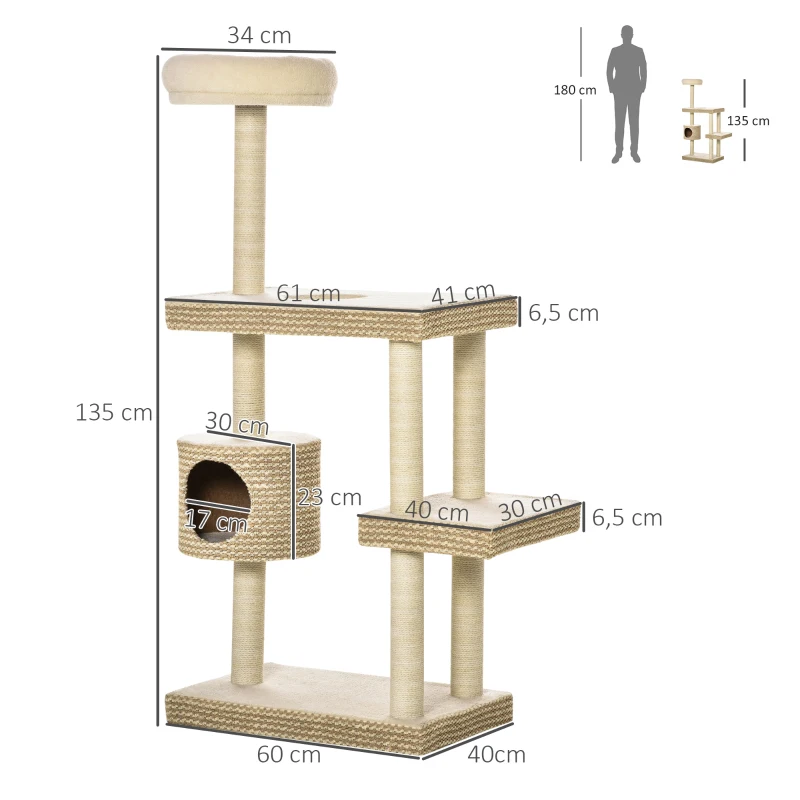 PawHut Katzenkratzbaum Katzenspielzeug Kletterbaum Sisal Polster Liegefläche Sisal samtartiges Polyester Beige+Kaffee 60 x 40 x 135 cm