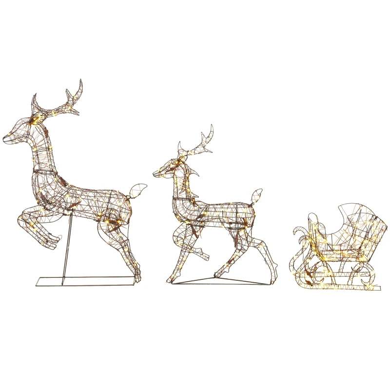 Outsunny Set Navideño de Reno y Trineo con Luces de 3 Piezas de Ratán 240 Luces LED Blanco Cálido 8 Modos y Temporizador