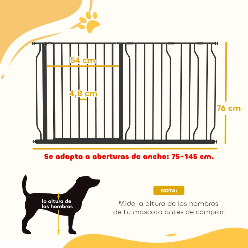 PawHut Barrera para Mascotas con 3 Extensiones Montaje a Presión Doble Bloqueo para Puerta Pasillo Escalera 75-145x76 cm Negro