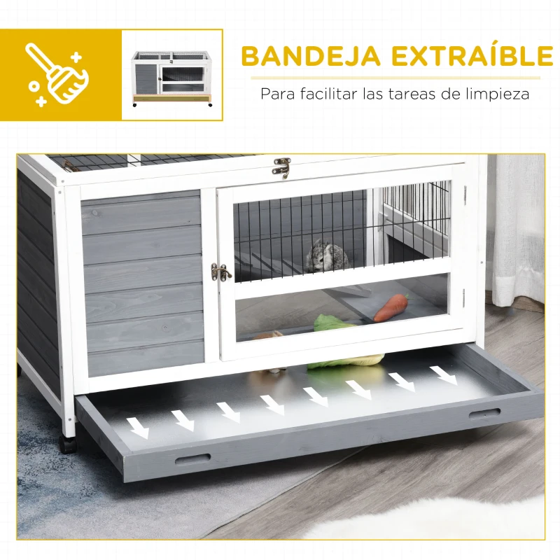 PawHut Conejera de Madera Caseta de Interior para Mascotas Pequeñas 2 Pisos con Ruedas Bandeja Extraíble Rampa 102x60x63,5 cm Gris Blanco