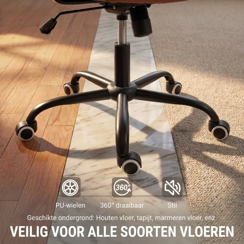 Vinsetto bureaustoel met wielen, draaistoel, bureaustoel, tuimelfunctie, bruin