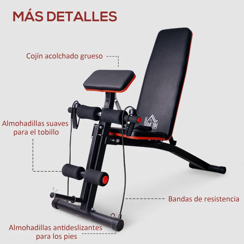 HOMCOM Banco de Musculación Plegable, Banco de Pesas, Respaldo Inclinable 7 Niveles, Extensión de Pierna, Cojín de Predicador, Banda de Resistencia, Carga 300 kg, Entrenamiento Casa Gimnasio, Rojo