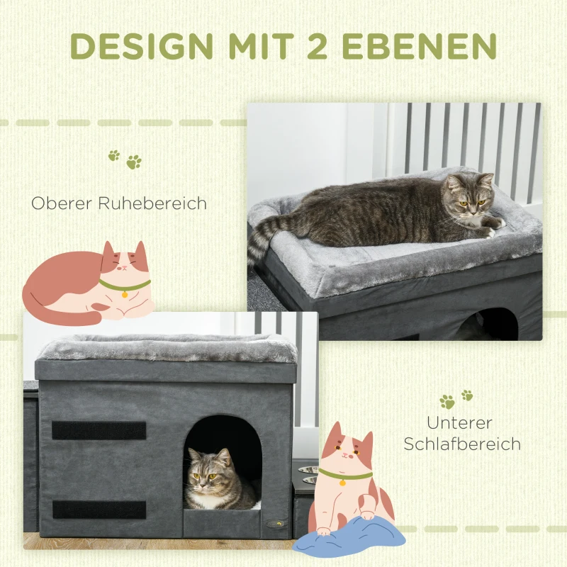 PawHut Katzenhaus Katzenhütte Katzenhöhle, 3 Haustiertreppen, 2 Fressnäpfe, 70 x 50 x 51, cm,  Grau(m-7)