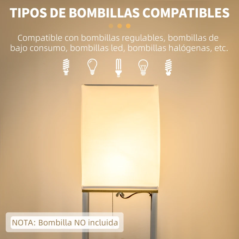 HOMCOM Lámpara de Pie Moderna con 3 Estantes para Salón Casquillo E27 Max. 40W con Pantalla de Tela 26x26x159 cm Blanco