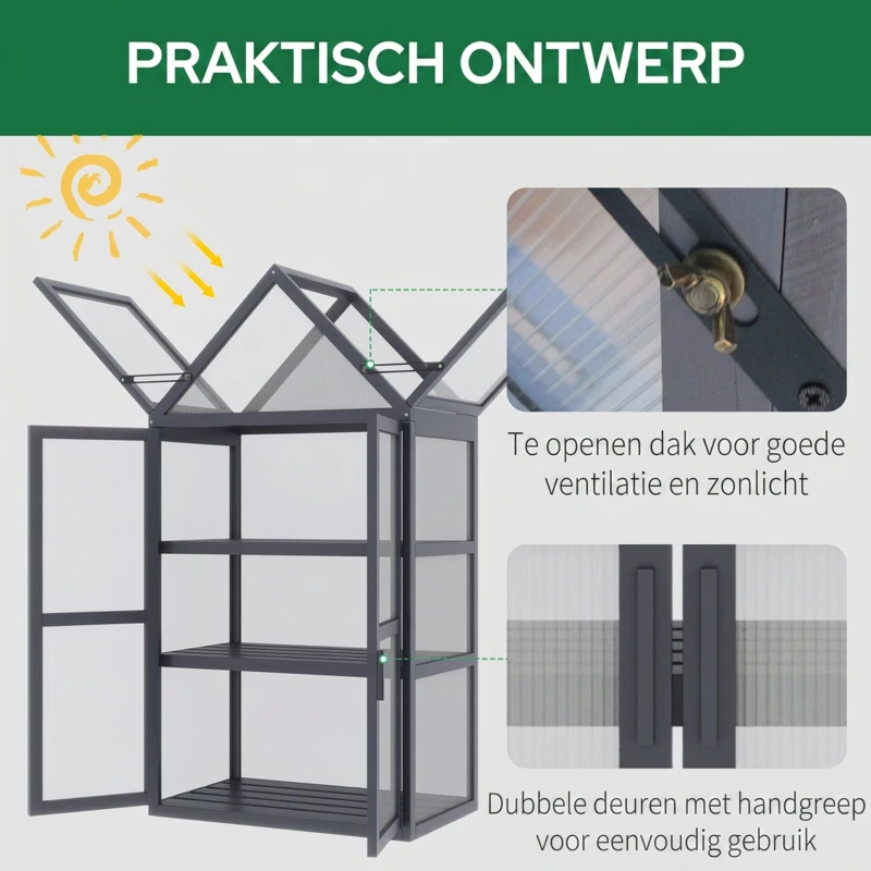 Outsunny kas met 3 planken, massief hout, behuizing van polycarbonaat, grijs, 70,5 x 42 x 132 cm(m-6)
