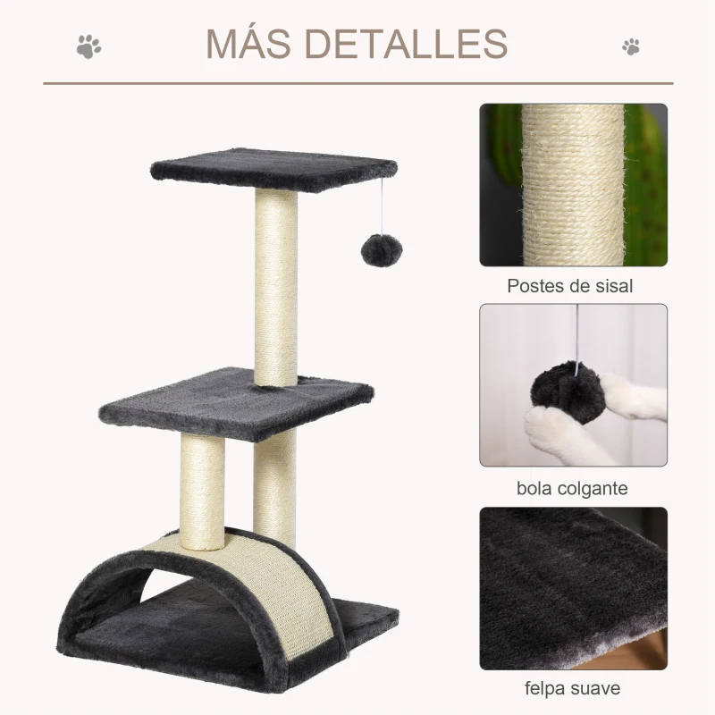 PawHut Rascador para Gatos de 3 Niveles Árbol para Gatos con Postes de Sisal Tablero para Rascar y Bola Colgante Gris