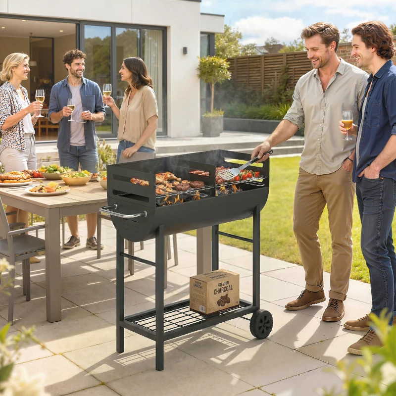 Outsunny Holzkohlegrill Grillwagen mit 2 Grillzonen höhenverstellbarer Grillrost Holzablage Räder Seitengriff, 103 x 46,5 x 100cm