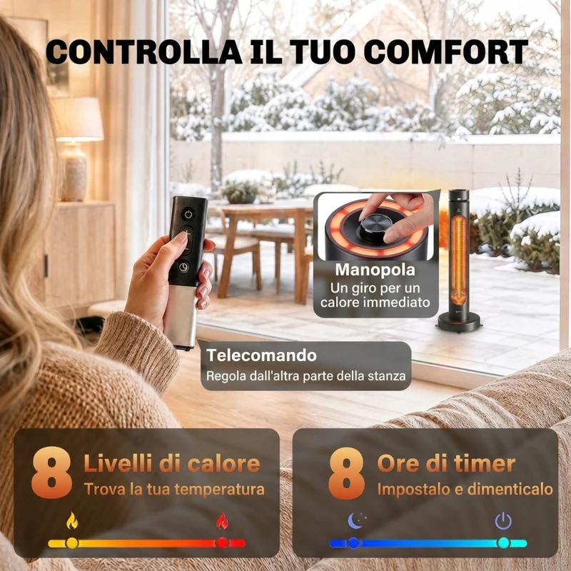Outsunny Stufa Elettrica A Infrarossi Oscillante 2000W Con Telecomando, Nero