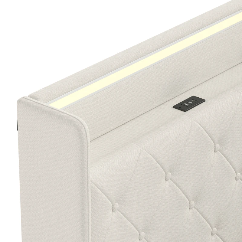 HOMCOM 4ft6 Double Bed Frame with Headboard, Platform Bed Frame with Hydraulic Storage, LED Lights and Charging Station, Cream
