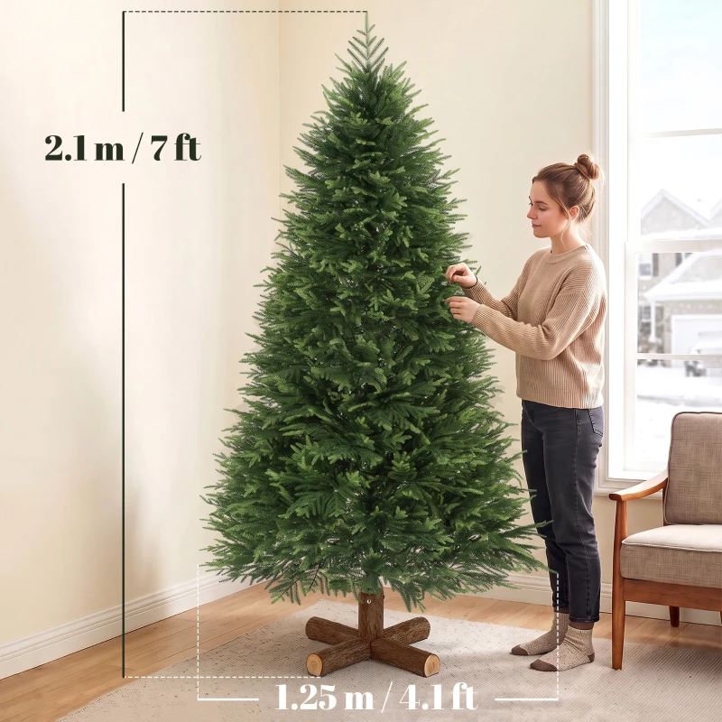 HOMCOM 7ft Artificial Christmas Tree, Hinged Xmas Tree with Realistic 1071 PE & PVC Branch Tips, Fir Wood Base, Green