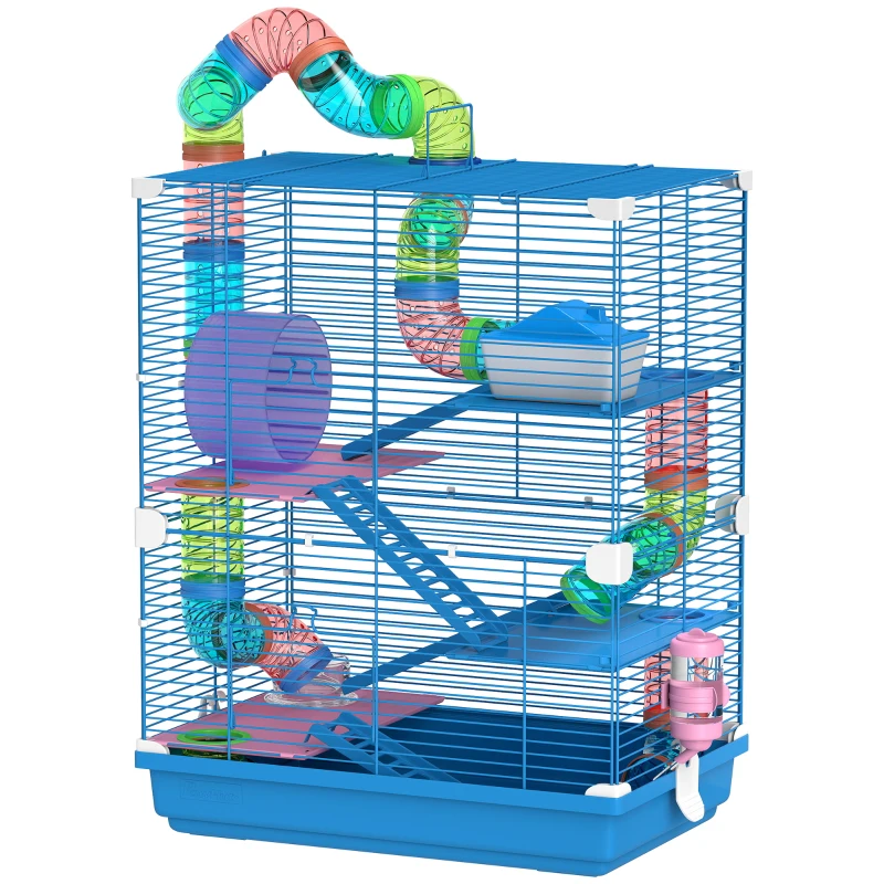 PawHut 5 Tier Hamster Cage Carrier Habitat w/ Exercise Wheels, Tunnel, Blue