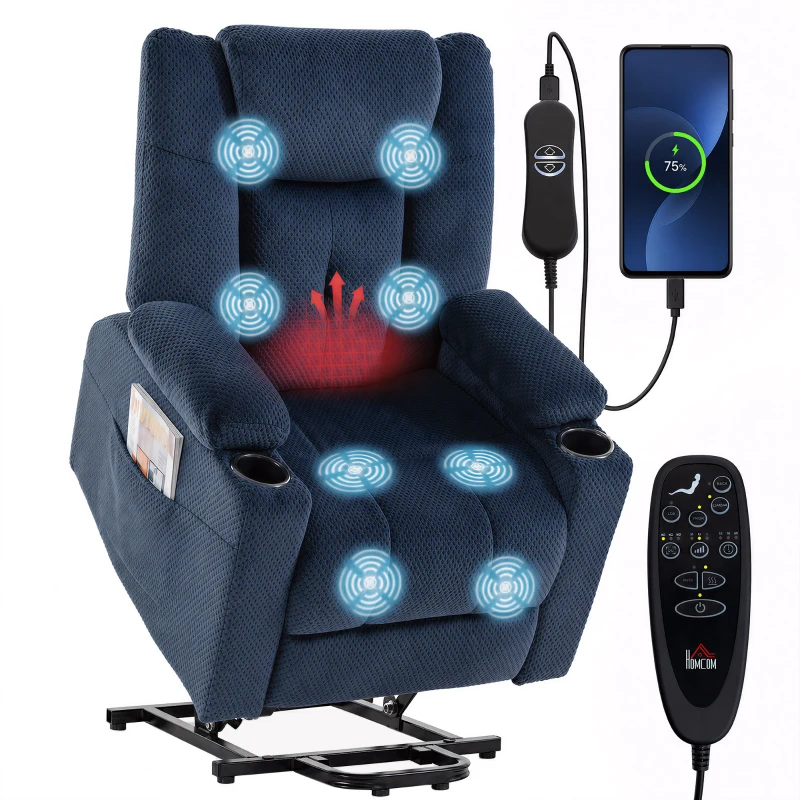 HOMCOM Fotoliu Ridicător Electric cu Masaj Vibrant și Încălzire, Fotoliu Relax Electric din Catifea, Spătar Inclinabil Albastru